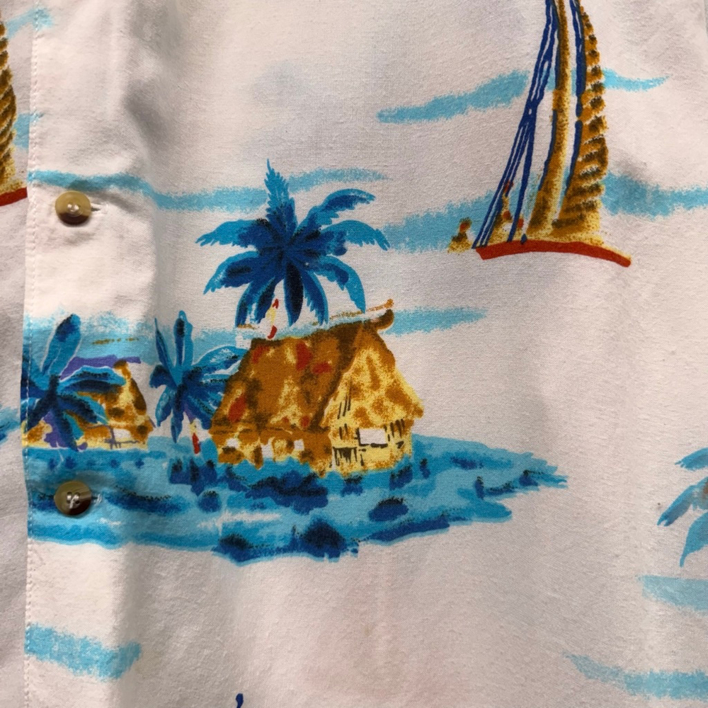 Men's THUMS UP Hawaiian Button Down Shirt L White Blue Tropical - Picture 4 of 8